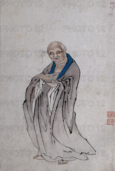 A Chinese man standing holding a long bowl with raised ends, (between 1800 and 1899?). Creator: Unknown.