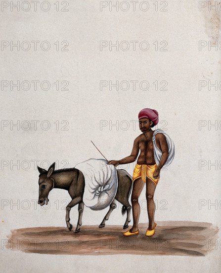 A man walking along with a donkey carrying a heavy load, (between 1800 and 1899?). Creator: Unknown.