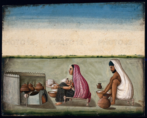 A couple preparing tandoori rotis: the woman faces the tandoor and..., (between 1800 and 1899?). Creator: Unknown.
