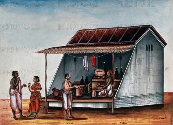 A man at a arrack (a strong alcoholic drink) shop, whilst a couple..., (between 1800 and 1899?). Creator: Unknown.