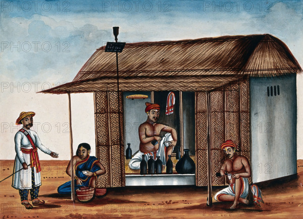 A man sitting in an arrack shop, a guard buying a drink from a woman..., (between 1800 and 1899?). Creator: Unknown.