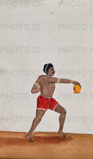 A street performer holding a small pot upside down, (between 1800 and 1899?). Creator: Unknown.
