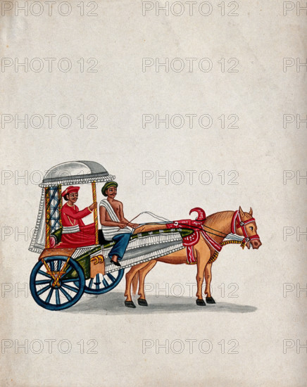 A man sitting in a small carriage pulled by a horse, (between 1800 and 1899?). Creator: Unknown.