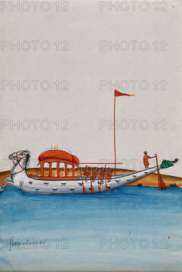 Four men row a long boat with a domed canopy, shaped as two horses in..., (between 1800 and 1899?). Creator: Unknown.