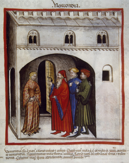 Woman embarrassed before a group of men, 14th century. Creator: Unknown.