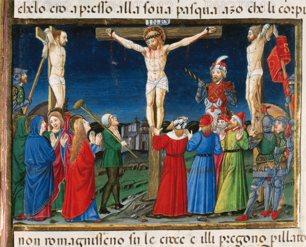 After speaking with Mary, Jesus dies while the sun eclipses, Italian miniature, 1476. Creator: Cristoforo De Predis.