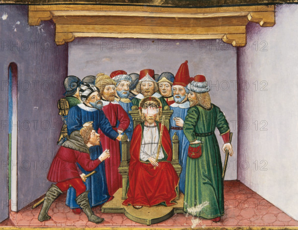 Miniature depicting Jesus, in crimson robes, tortured and mocked, 1476. Creator: Cristoforo De Predis.