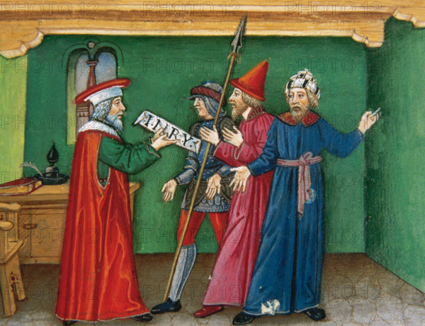 Miniature depicting Pilate with an inscription which reads: Jesus of Nazareth, king of the..., 1476. Creator: Cristoforo De Predis.