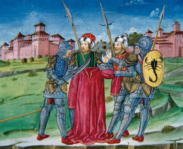 Miniature depicting soldiers raffling the tunic of Jesus, 1476. Creator: Cristoforo De Predis.