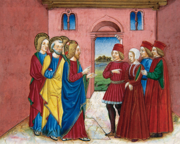 Miniature depicting the Pharisees bringing before Jesus a woman accused of adultery, 1476. Creator: Cristoforo De Predis.