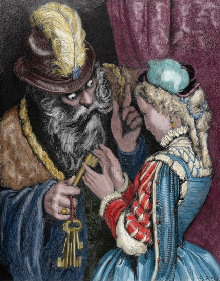 Bluebeard and his wife, 1862. Creator: Gustave Doré.