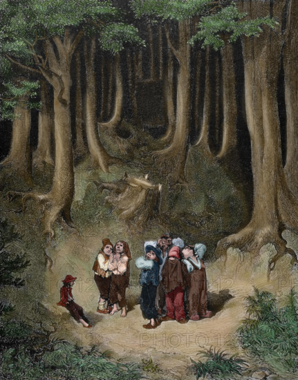 Scene from "Hop-o'-My-Thumb" - the children realise that they are lost in the forest, c1862. Creator: Gustave Doré.
