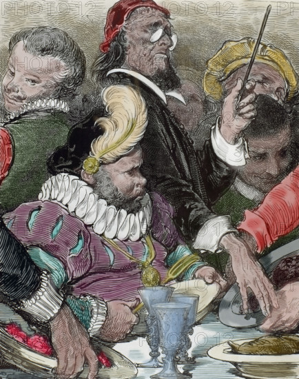 Governor Sancho's doctor refuses to let him eat to his heart's content, late 19th century. Creator: Gustave Doré.
