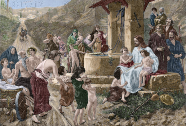 Jesus blessing the children, Gospel of Mark, Chapter X, late 19th century. Creator: Theodor Knesing.