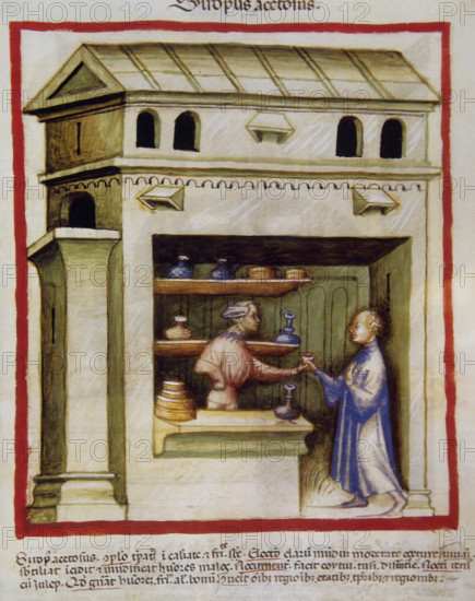 An apothecary gives vinegar syrup to a man, 14th century. Creator: Unknown.