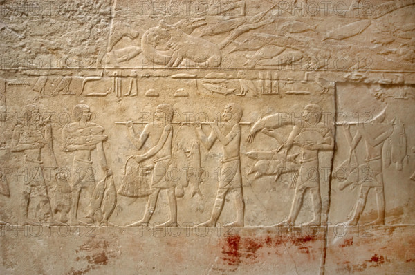 Carrying the fishing, polychrome relief, Mastaba of Kagemni, Saqqara, Egypt, Old Kingdom (2003). Creator: Unknown.