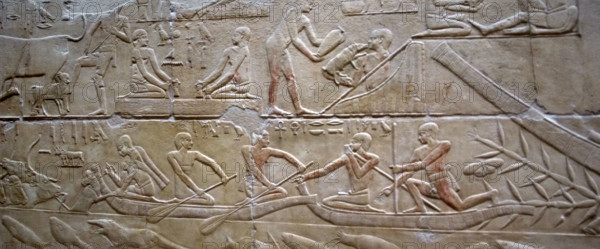 Daily life and men in a ship on the Nile, polychrome relief, Mastaba of Kagemni, Saqqara,Egypt, 2003 Creator: Unknown.