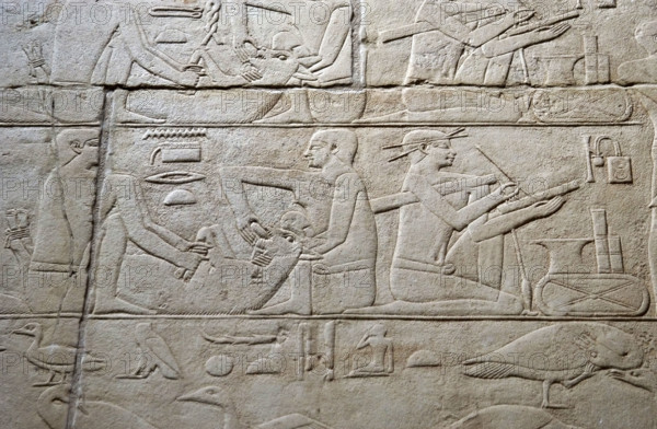 Feeding a cow and scribe relief, Mastaba of Kagemni, Saqqara, Egypt, 2350 BC (2003). Creator: Unknown.