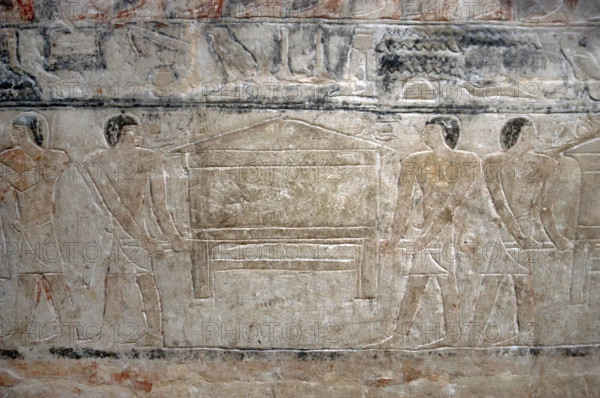 Men carrying a chest relief, Mastaba of Mereruka, Saqqara, Egypt, Old Kingdom, 2340 BC (2003). Creator: Unknown.