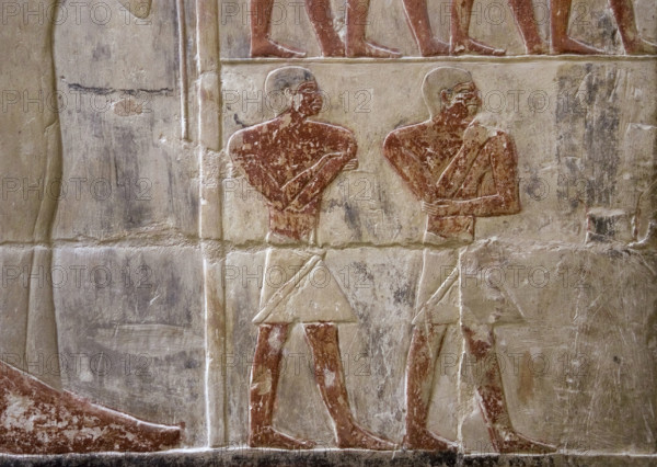 Polychrome relief depicting two Egyptian men, Mastaba of Mereruka, Saqqara, Egypt, 2003. Creator: Unknown.