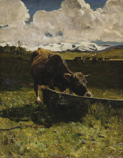 Brown cow at the Watering Place, 1887. Creator: Segantini, Giovanni (1858-1899).