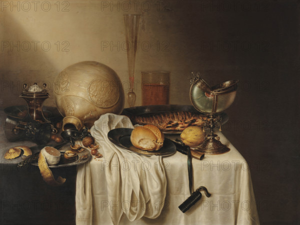 Still Life with a Bearded Man Crock and a Nautilus Shell Cup, First Half of 17th century. Creator: Stomme, Marten Boelema de (1611-1644).