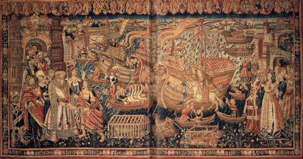 Unloading of Goods: Vasco da Gama's arrival at Calicut (Tapestry), 1504. Creator: Anonymous master.
