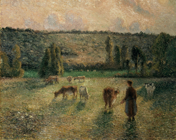 Girl Tending Cows at Eragny, 1884. Creator: Pissarro, Camille (1830-1903).