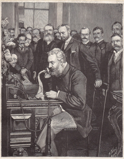 Graham Bell inaugurates the new telephone line from New York to Chicago, 1892. Creator: Thiriat, Henri (1843-1926).