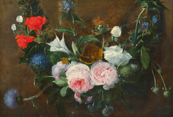 Flower garland with roses and thistles, 17th century. Creator: Hecke, Jan van den (1620-1684).