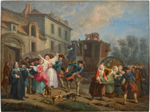 Parisian city scenes: arrest of prostitutes by the Provost Marshal and his guards, Mid 18th cent. Creator: Jeaurat, Etienne (1699-1789).