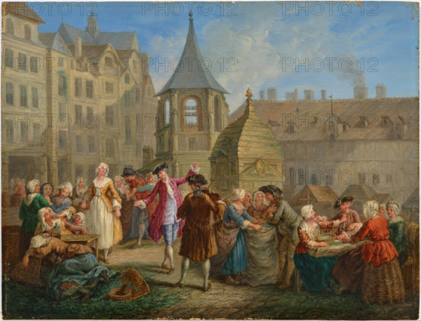 Parisian city scenes: a minuet by the French Garde and The pea sheller in the..., Mid 18th cent. Creator: Jeaurat, Etienne (1699-1789).