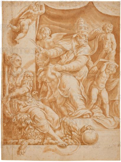 Pope Sylvester with surrounding putti and Allegory of Fortitude. Creator: Romano, Giulio, (after) .