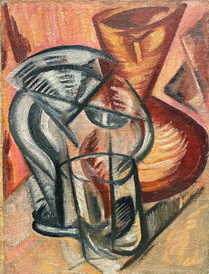 Ceramic vase and glass vessels, Early 1910s. Creator: Rozanova, Olga Vladimirovna (1886-1918).