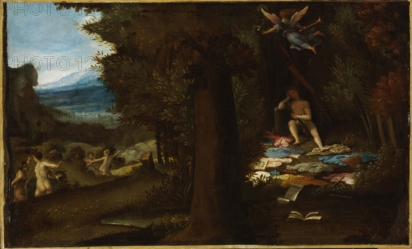 The Sleeping Apollo with the Fleeing Muses and Fame Soaring Away, c1539 . Creator: Lotto, Lorenzo (1480-1556).
