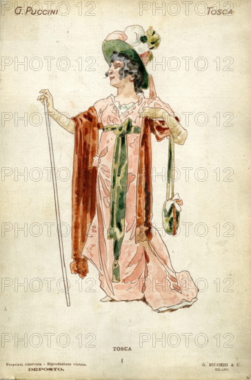 Costume design for the opera Tosca by Giacomo Puccini, 1900. Creator: Hohenstein, Adolfo (1854-1928).