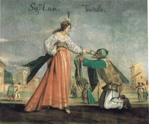 Scene from the Commedia dell'Arte: Signora Lucia and Trastullo. Creator: Anonymous.