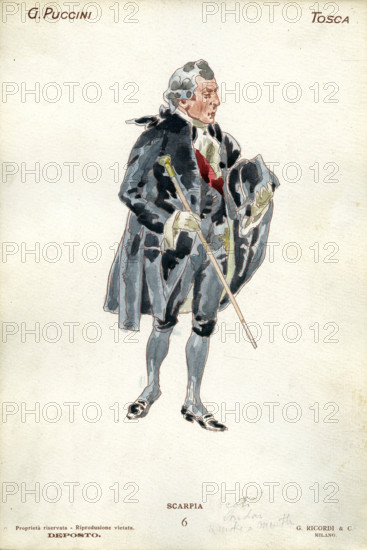 Costume design for the opera Tosca by Giacomo Puccini, 1900. Creator: Hohenstein, Adolfo (1854-1928).