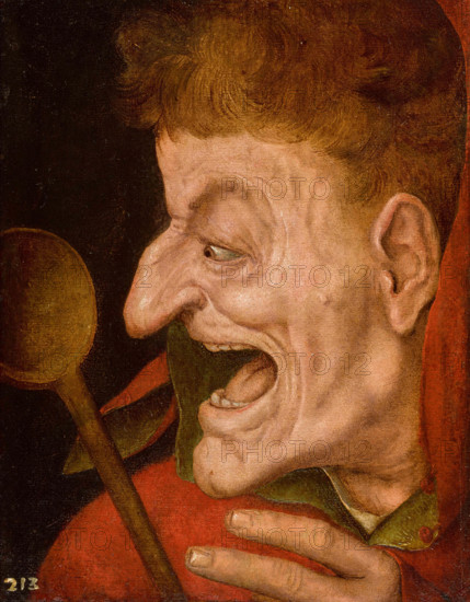 A jester: a grotesque head of a fool brandishing a wooden spoon. Creator: Massys, Quentin .
