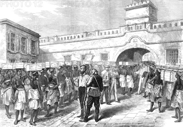 Sketches of the Ashantee War: women leaving Cape Coast Castle with provisions for the troops, 1874. Creator: Unknown.