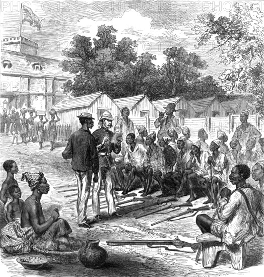 The Ashantee War: arrivals at the North Gate, Cape Coast Castle...sketch by our special artist, 1874 Creator: Jenkin.