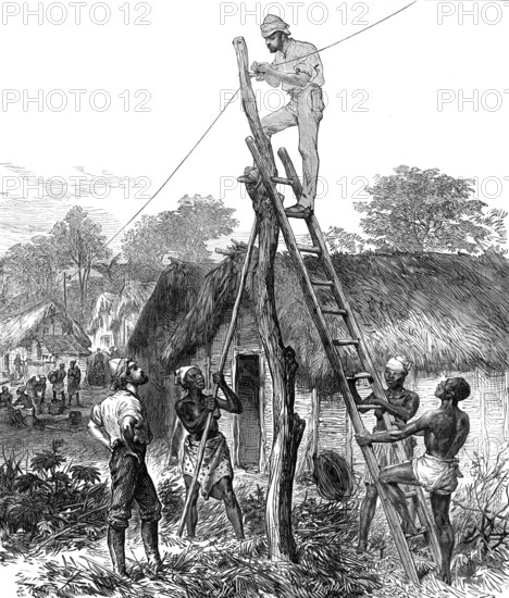 The Ashantee War: fixing telegraph wires...sketch by our special artist, 1874. Creator: Unknown.