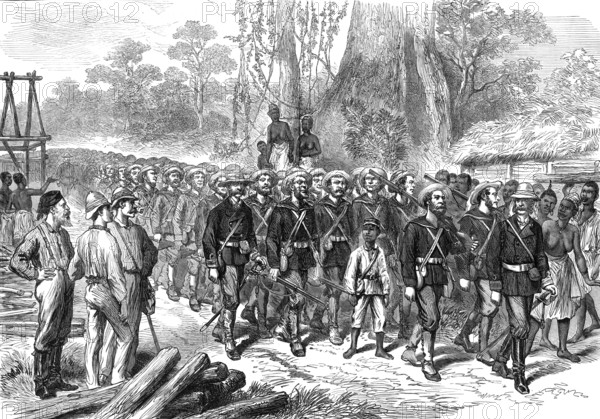 The Ashantee War: arrival of the Naval Brigade in Camp at Prahsu - by our special artist, 1874. Creator: Unknown.