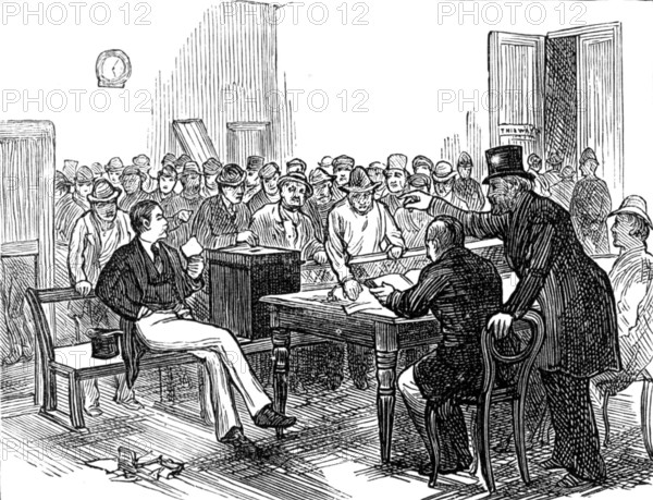 Metropolitan Boroughs election sketches: working men voting during the dinner hour, 1874. Creator: Unknown.