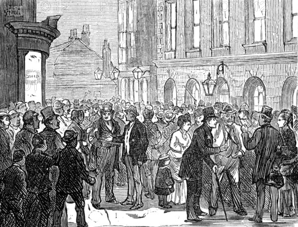 Metropolitan Boroughs election sketches: waiting for the declaration of the poll, 1874. Creator: Unknown.