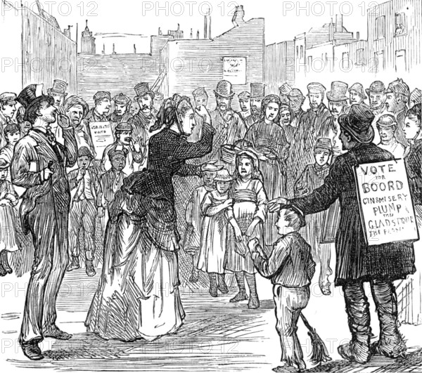 Metropolitan Boroughs election sketches: Woman's Rights, 1874. Creator: Unknown.