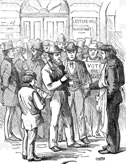 Metropolitan Boroughs election sketches: "Too Late!", 1874. Creator: Unknown.