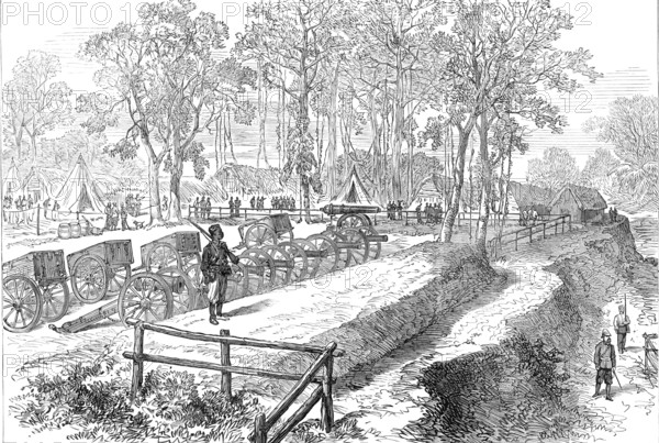 The Ashantee War: artillery park in the camp at Prah-Su, from a sketch by our special artist, 1874. Creator: Unknown.