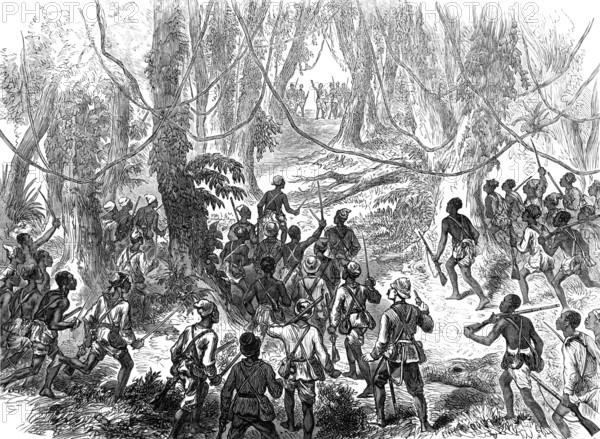 Lord Gifford and...scouts on the Adansi Hills warned by an Ashantee priest not to go forward, 1874. Creator: Unknown.