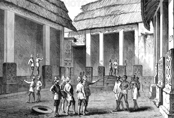 The Ashantee War: interior of Adansi chief's palace, Fomannah...officers selecting quarters, 1874. Creator: Unknown.